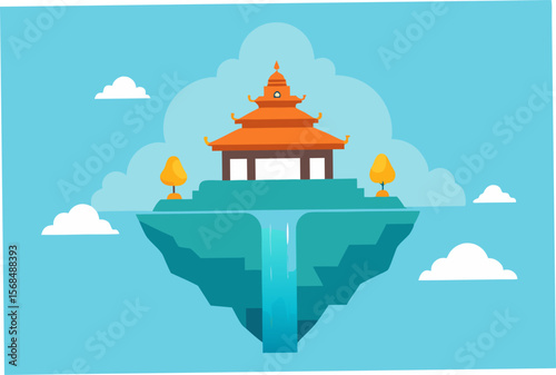 Serene Floating Temple Tranquil Asian Architecture Illustration