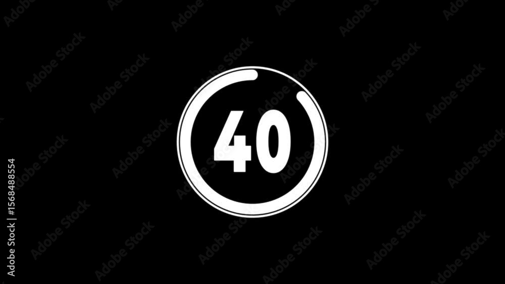 Circle countdown timer one minute animation from 45 to 0 second animation on black background with alpha channel, 45 second countdown numbers from 0 to 10, animation.