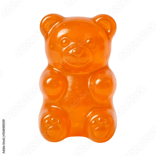 Bright orange gummy bear candy on a clean white background ready to be enjoyed