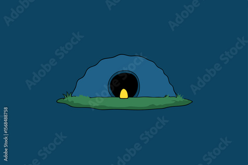 Mysterious Cave Entrance Nighttime Illustration of a Dark Cave with Glowing Light