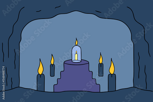 Mysterious Cave Shrine Candles, Darkness, and Enigmatic Light