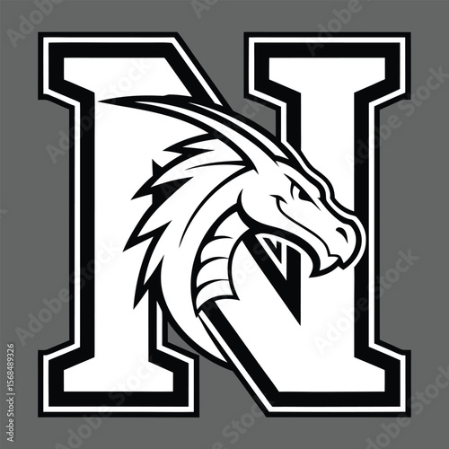 Dragon head emerging from letter N white