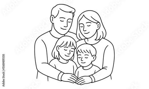 Happy family outline vector with parents and children embracing in minimal linear style
