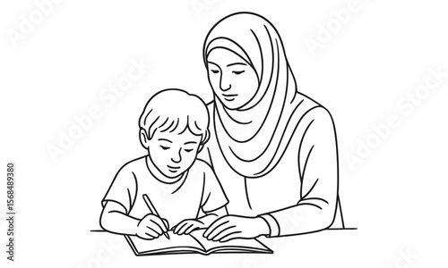 Mother teaching son outline vector with book in minimal linear style for education and family themes