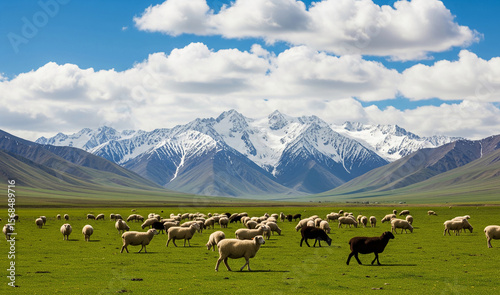 Flock of sheep grazing on green pasture, snow-capped mountains background, sunny day, idyllic rural landscape, showcasing serenity and natural beauty