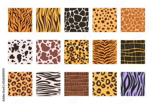 Wild safari animals seamless pattern prints isolated set with different skin fur color and texture
