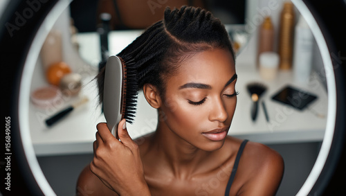 woman combing her hair
