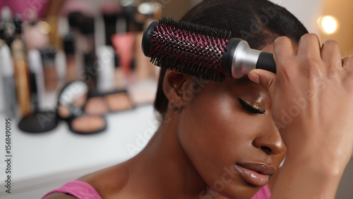 woman combing her hair