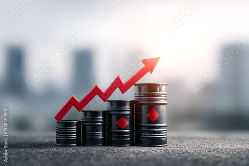 Crude oil price increases with a red arrow symbol on oil barrels, indicating rising prices and the growing global economy with blurred city background