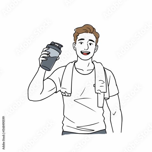 Young man smiling while holding a shaker after workout session  