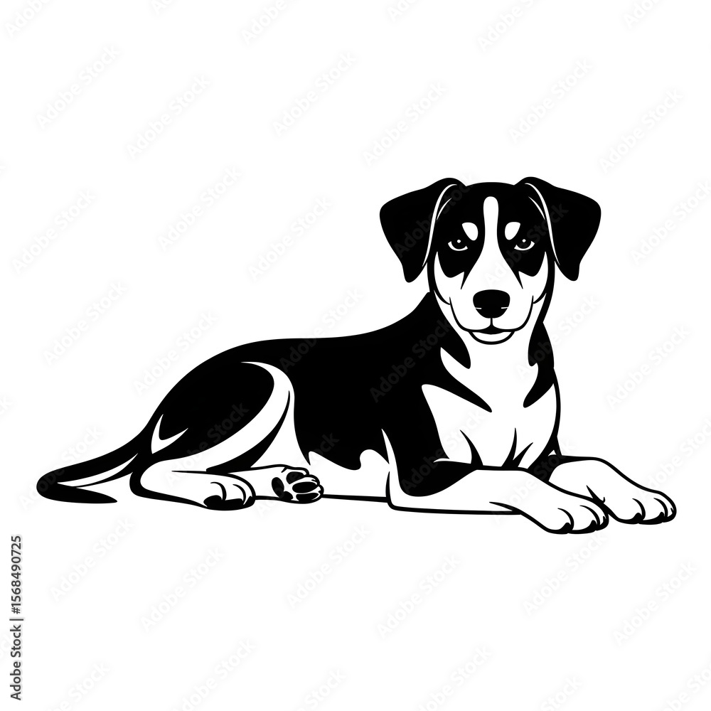 Fototapeta premium Dog Lying Down Resting – Black and White Vector Silhouette