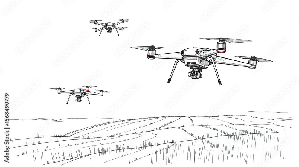 Fototapeta premium Drones flying over farmland.