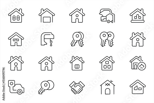 Collection of outline icons representing various aspects of real estate and home ownership