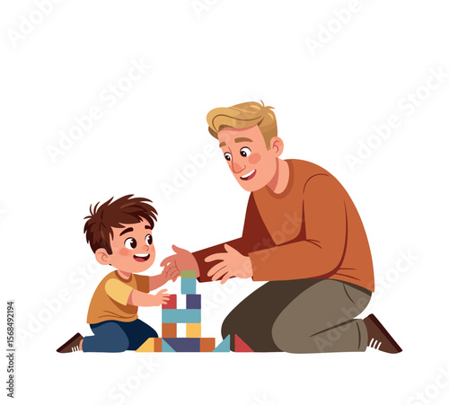 Fun parent-child activity with construction toys – father teaching son through play at home, isolated on white background.