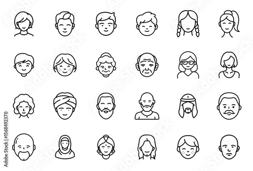 Line art vector icon set with faces of diverse people with various race, age, hairstyles and expressions  