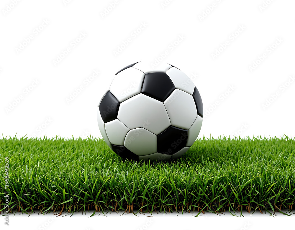 Obraz premium A soccer ball resting on a vibrant green grass field against a clean white background in a studio shot