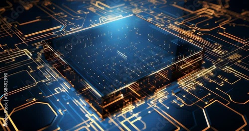 Sparkling Microchip Surrounded by Digital Circuit Background