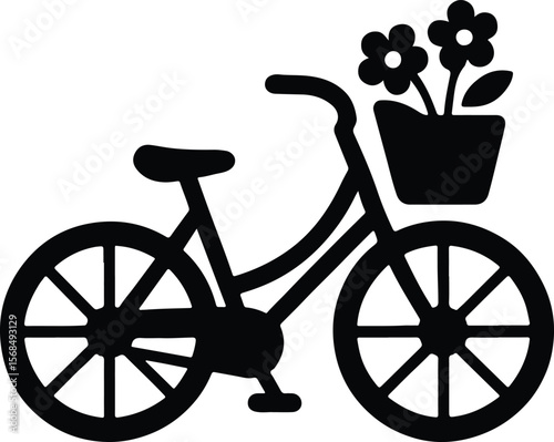 Silhouette bicycle with flower basket black and white vector illustration