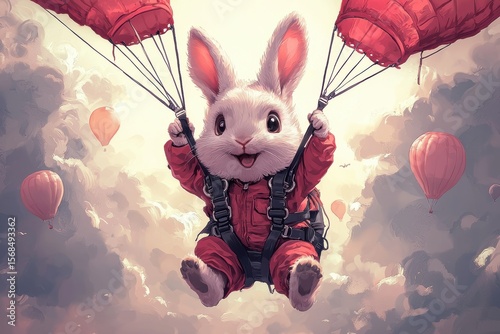 Cute cartoon rabbit parachuting happily among clouds and hot air balloons