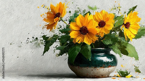   Green vase with yellow sunflowers on white table against white wall