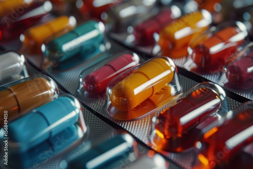 Blister packs containing colorful pills represent pharmaceutical industry, disease treatment and healthcare