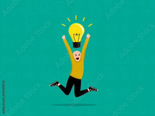 Joyful person jumping with excitement holding a light bulb above their head in a vibrant setting