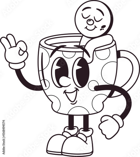 Cute cup black-and-white character vector illustration