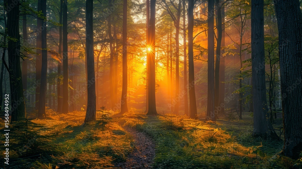 Fototapeta premium Sunny forest path. Sunbeams pierce tall trees, illuminating green ground cover. Soft focus, ethereal vibe