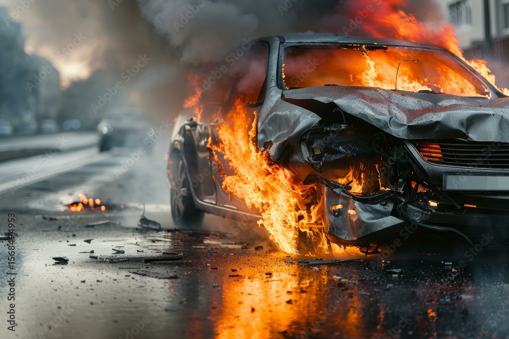 Damaged car burning intensely on a city street after a collision, emitting thick smoke and flames Damaged car burning intensely on a city street after a collision, emitting thick smoke and flames