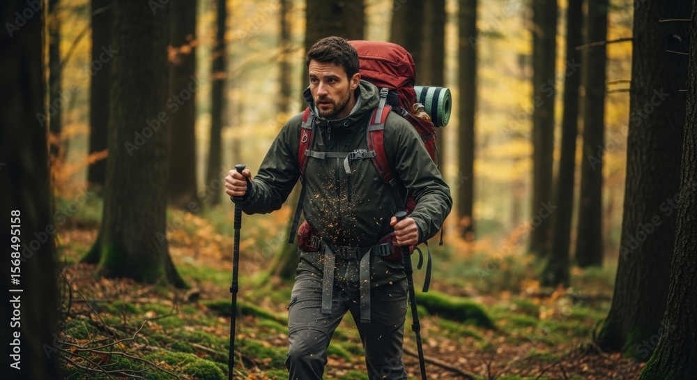Naklejka premium Young caucasian male hiking in forest with backpack and trekking poles during autumn day