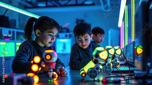 Children build glowing robots in lab.