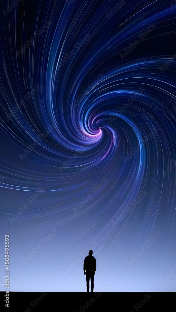 Fototapeta premium Abstract galaxy spiral with silhouette of person art print cosmic background design