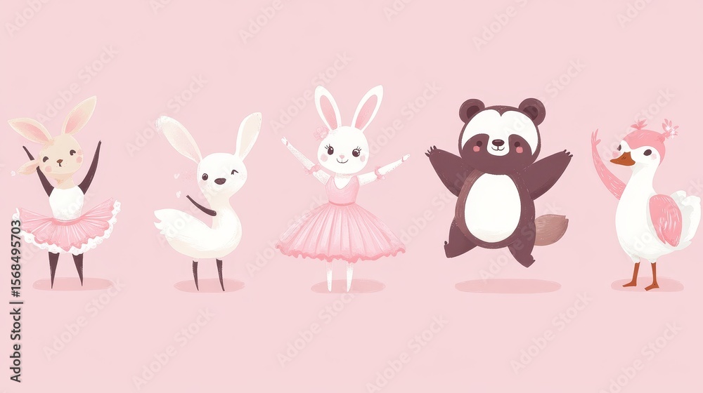 Obraz premium Simple, flat pictures of cute animals doing ballet. There are rabbits, sheep, bears, swans, sloths, birds, cubs, and foxes wearing pink ballet outfits. 