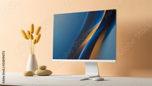 Modern all in one computer setup with sleek design and minimalist aesthetic on desk space