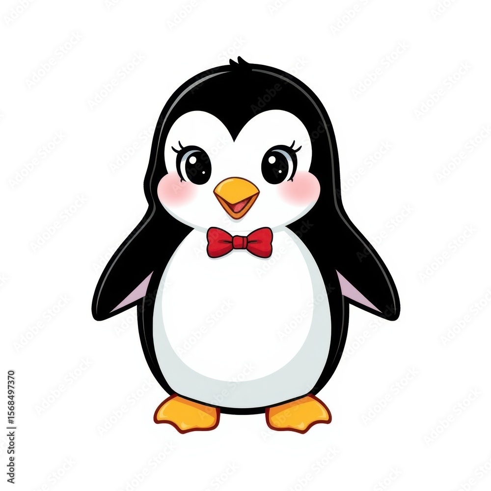 Obraz premium Adorable penguin illustration with a red bow tie. Ideal for children's designs and holiday projects.