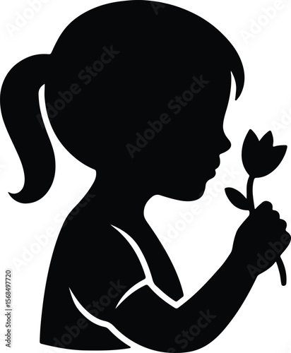 Silhouette young girl holding flower smelling aroma profile view vector illustration