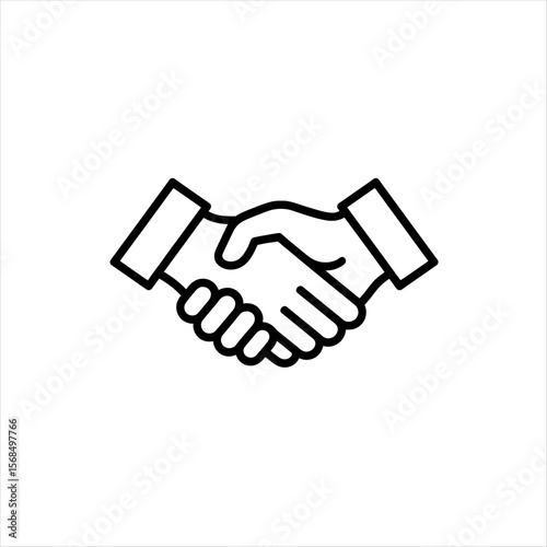 Stylized black line art icon of two hands shaking in agreement on a white background