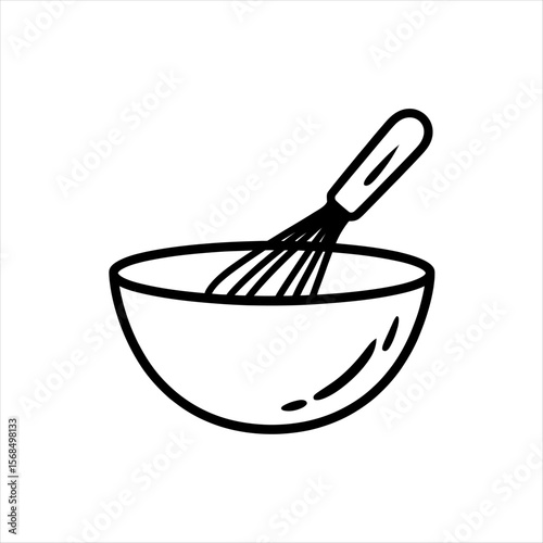 Simple black line drawing of a whisk inside a mixing bowl on a white background