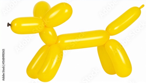 A yellow balloon sculpture shaped like a dog, made by twisting several long balloons. It's a playful piece often seen at parties or events.