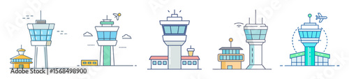 A collection of five unique airport control tower cartoon vector designs