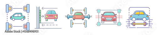 Automotive Advanced Driver Assistance Systems and Parking Technology Vector Illustration Set