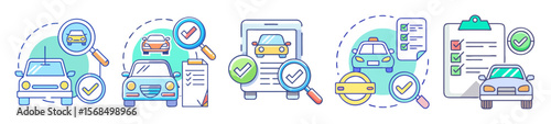 Car Inspection and Approval Process with Checklists and Magnifying Glasses Illustrations