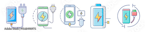 Charging mobile devices with electricity illustrated using cartoon vector graphics