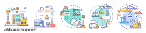 Construction site icons illustrating different stages and equipment for building projects