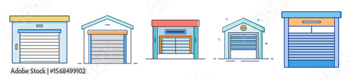 Cartoon Garages with RollUp Doors in Various Colors and Shapes Illustration