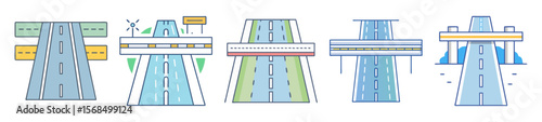 Flat illustration set showcasing various highway and road designs for transportation