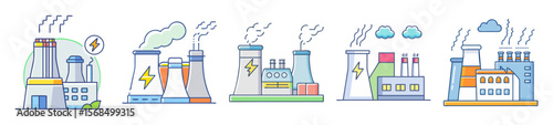 Set of vector illustrations depicting power plant and energy production industry