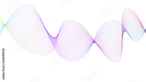 	
Vector curvy abstract line art wavy flowing dynamic colorful lines white background in concept music or sound, wave, wind, information flow	
