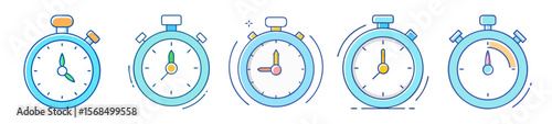 Collection of Five Stopwatches Indicating Different Time Intervals in Outline Style