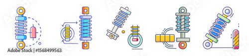 Different suspension systems, car parts, springs and dampers, vector illustration set